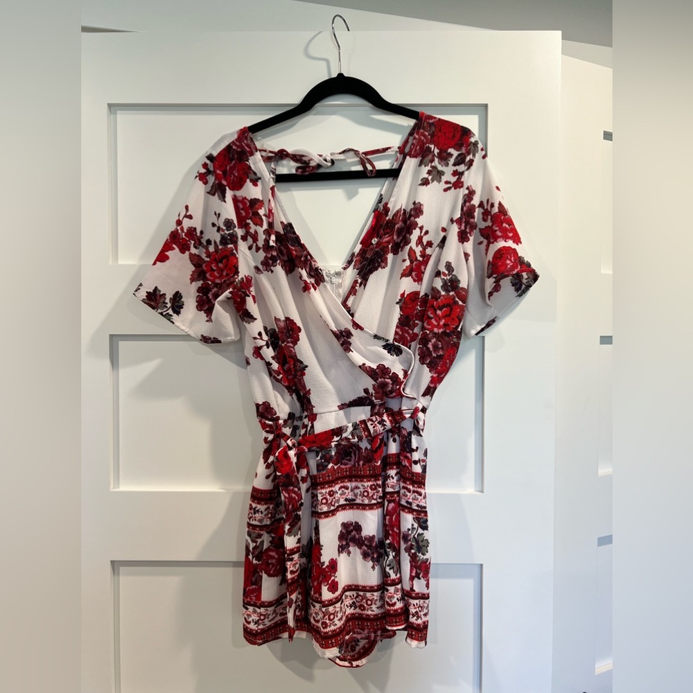 Red and white floral, romper, double lined size large.